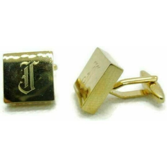 "J" Monogram Men Cufflinks Bullet Square 1" x 3/4" Gold Tone - Picture 6 of 9